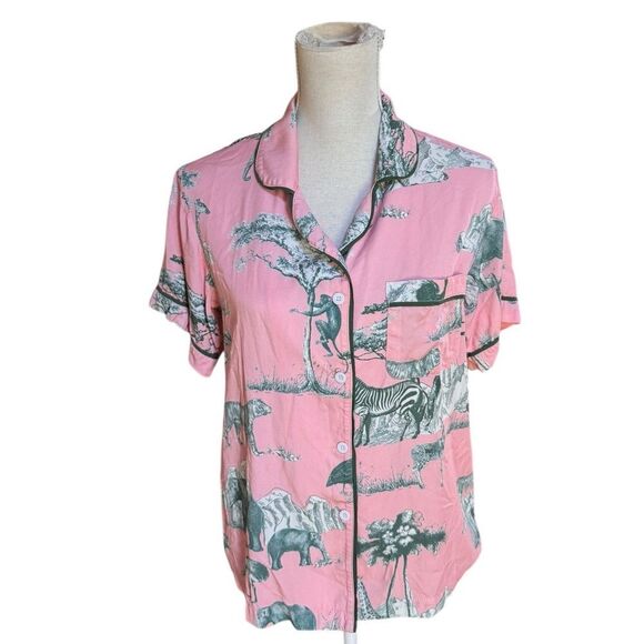 Katie Kime safari Toile Pink short Sleeve pajama button down top S - Picture 1 of 4